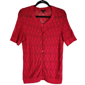 Talbots Womens Sweater Top Blouse SZ Large Petite Solid Red Short Sleeve Crochet